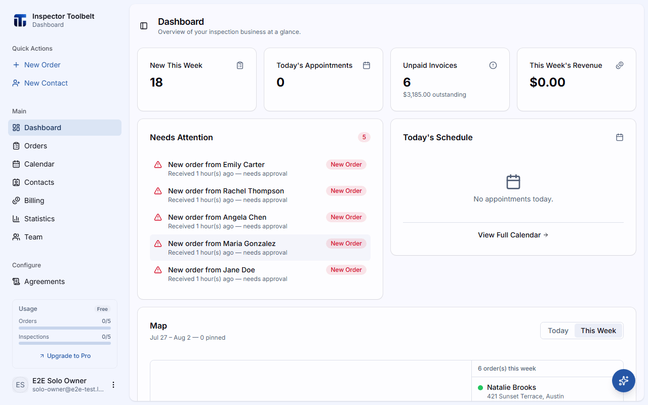 The dashboard home page showing KPI cards, Needs Attention, Today's Schedule, and the map