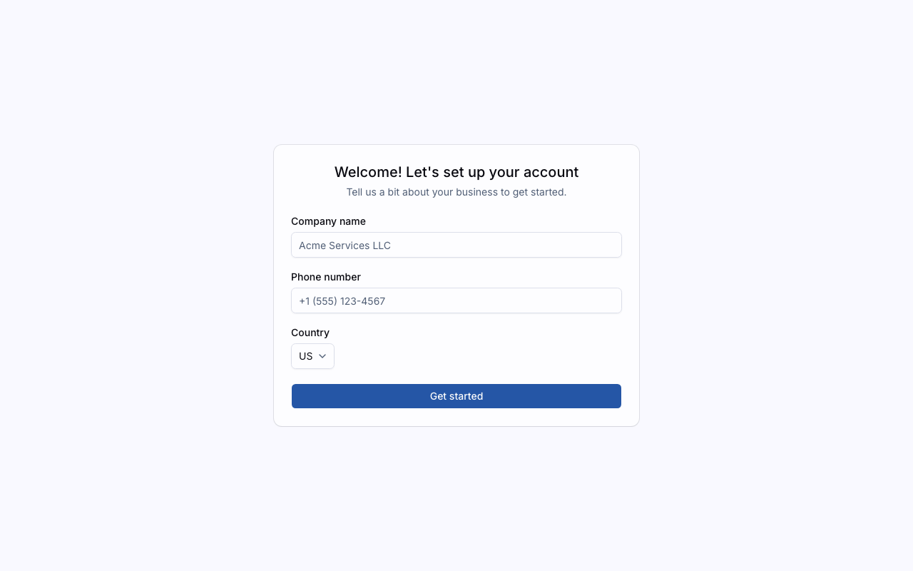 The onboarding form with company name, phone, country, and industry type fields