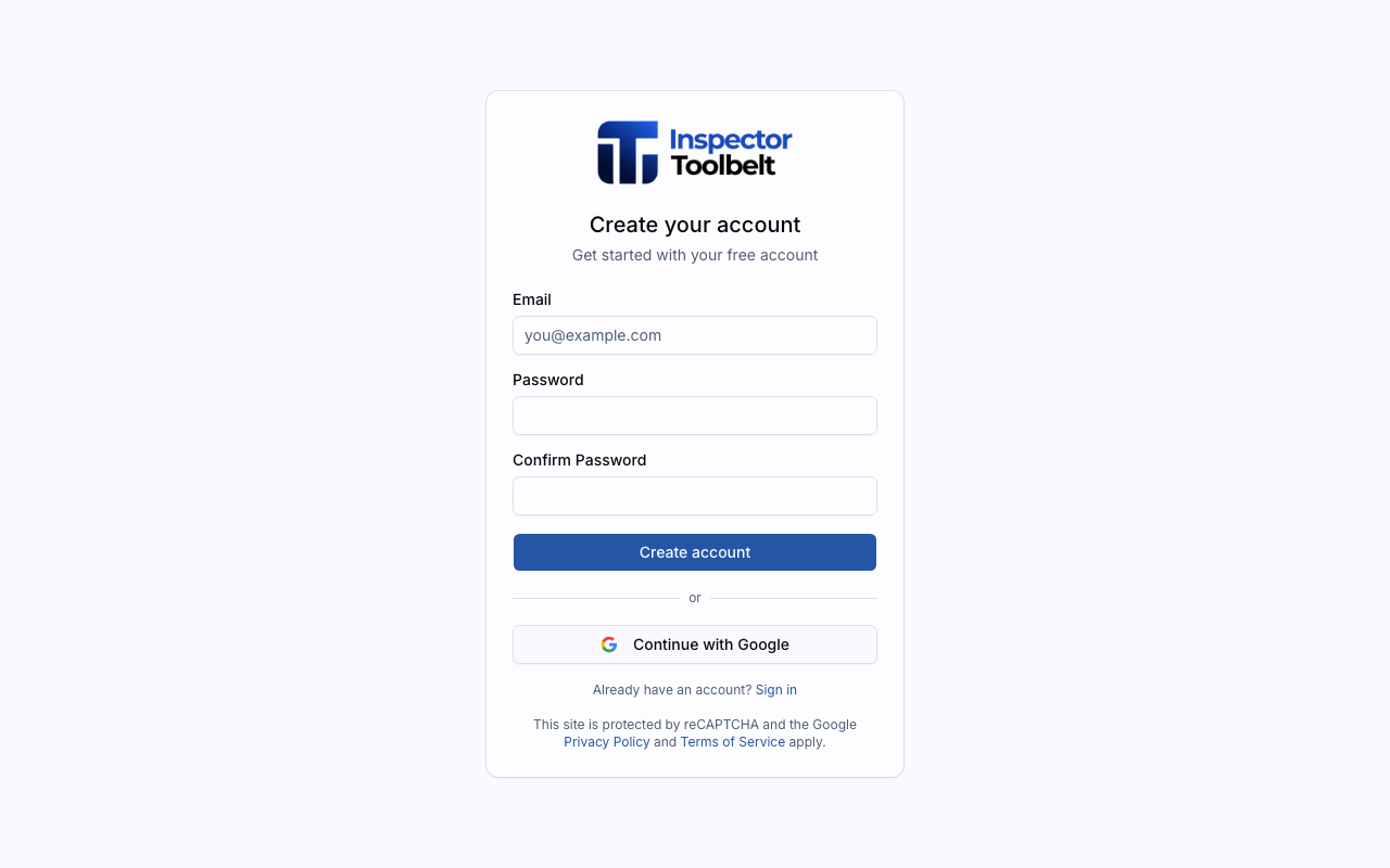 The sign-up page with email, password, and Google sign-in options