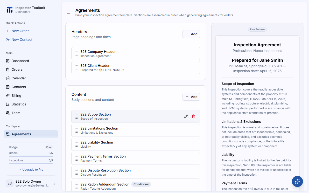 The agreement builder page with header, content, and footer section groups