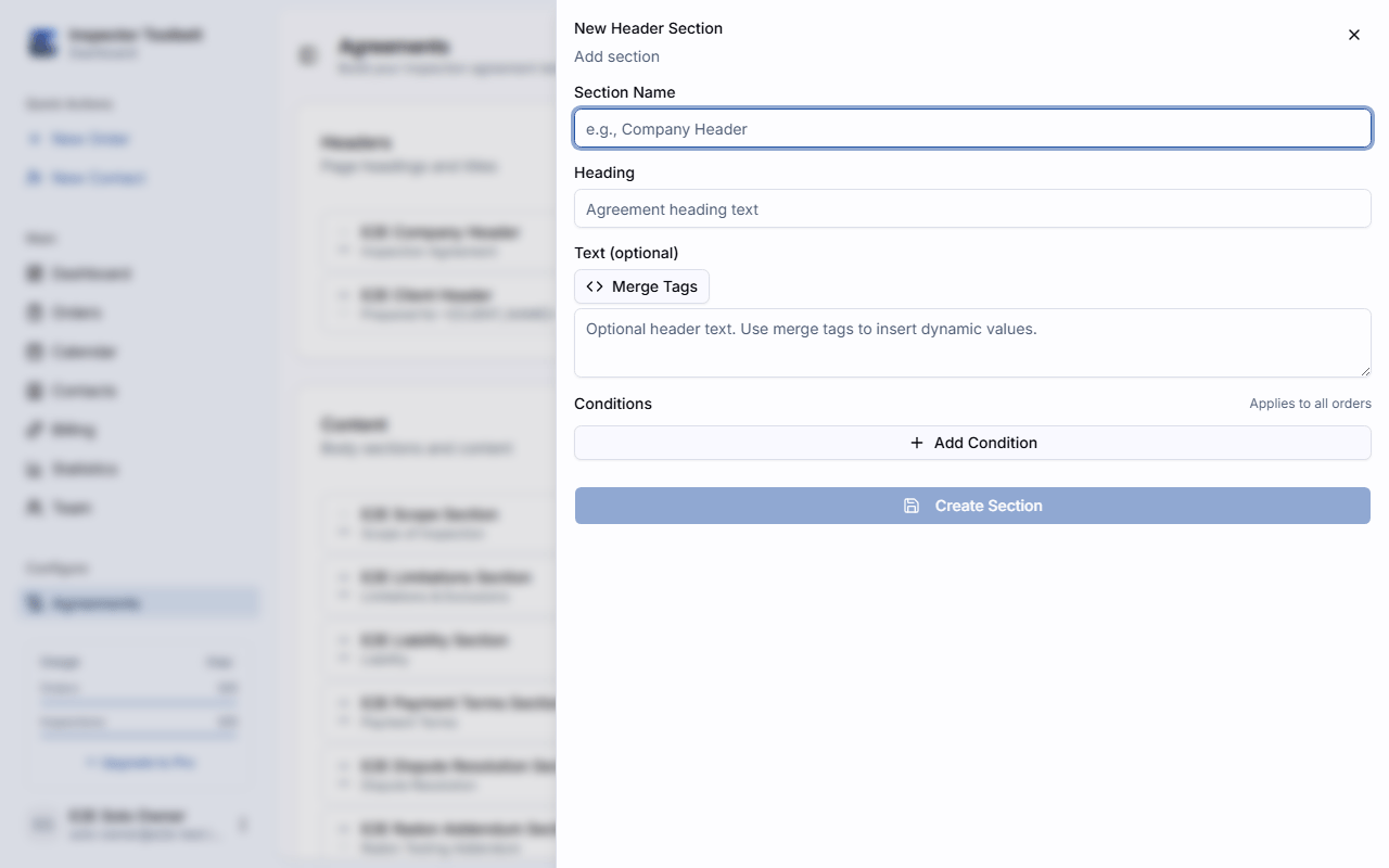 The section editor panel for adding an agreement section