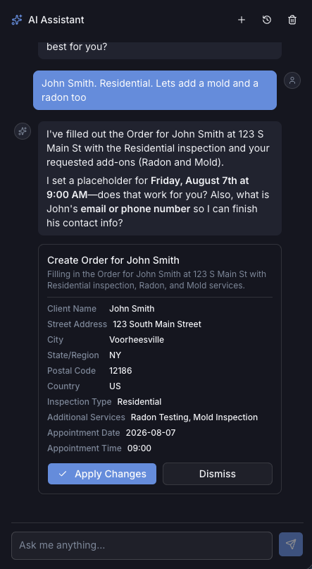 An action proposal card in the chat showing order details with Confirm, Edit, and Dismiss buttons