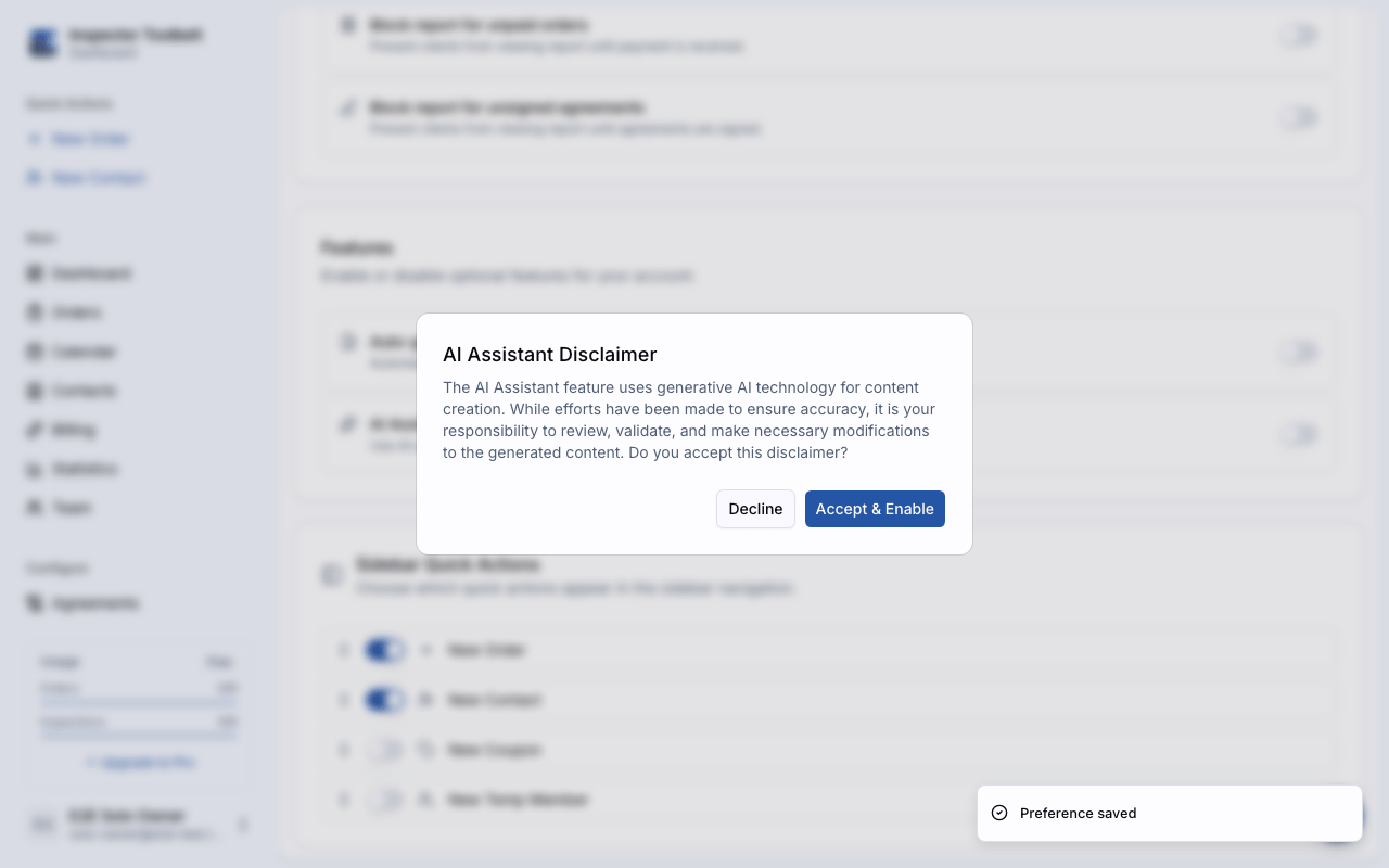 The AI Assistant toggle in Settings, Preferences with the disclaimer dialog open