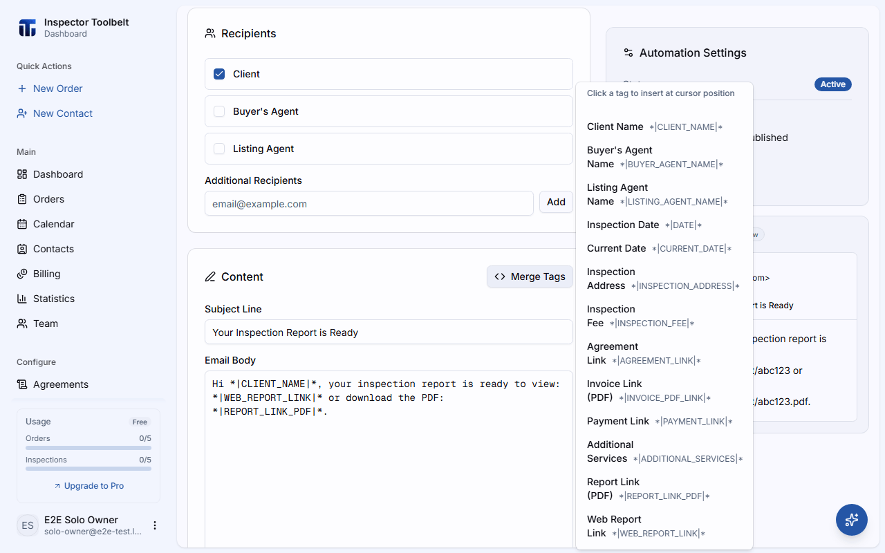 The automation editor with the Report Published trigger selected and its merge tags panel open