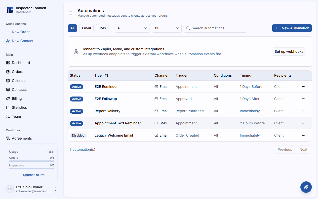 The automations list page showing configured automations