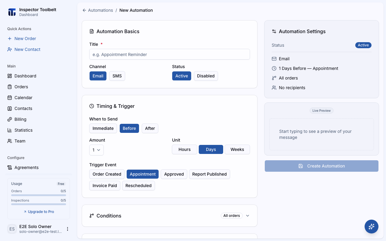The new automation editor with trigger and timing settings