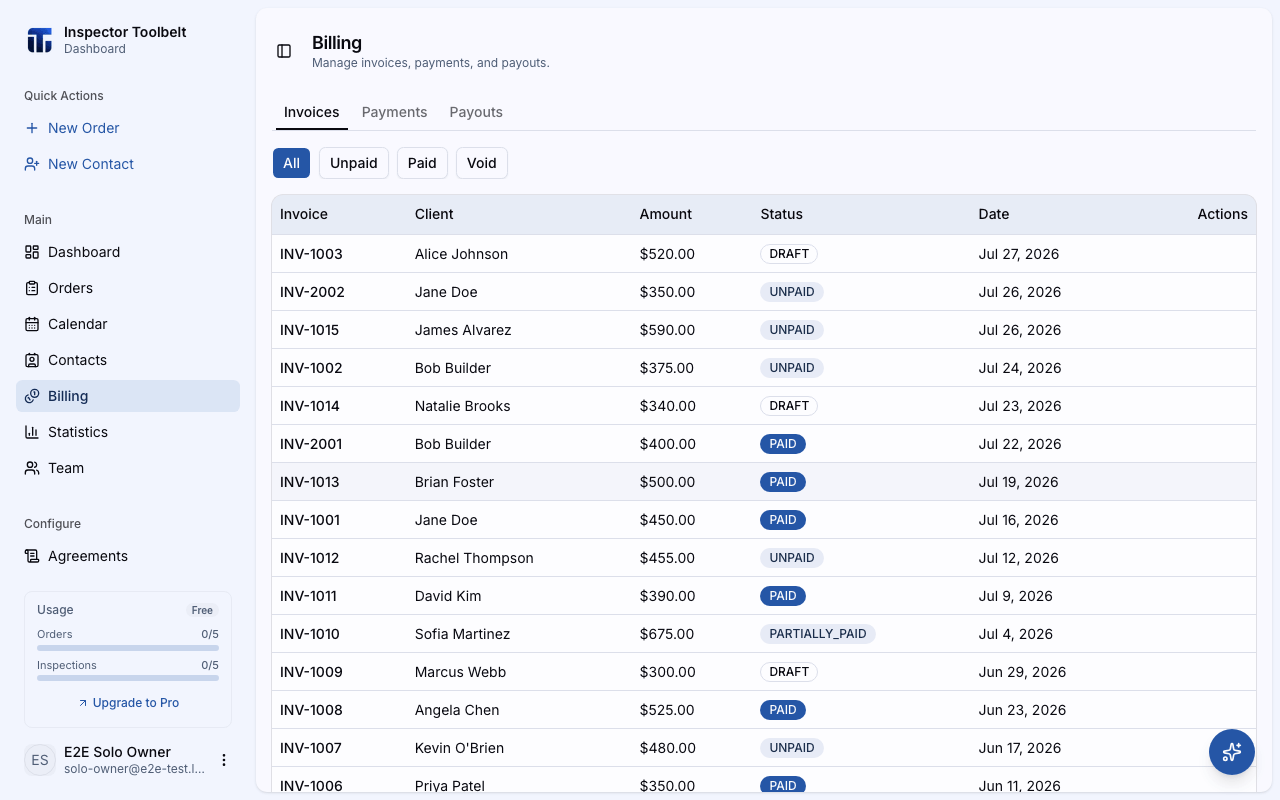 The Billing page showing the invoices list with their statuses