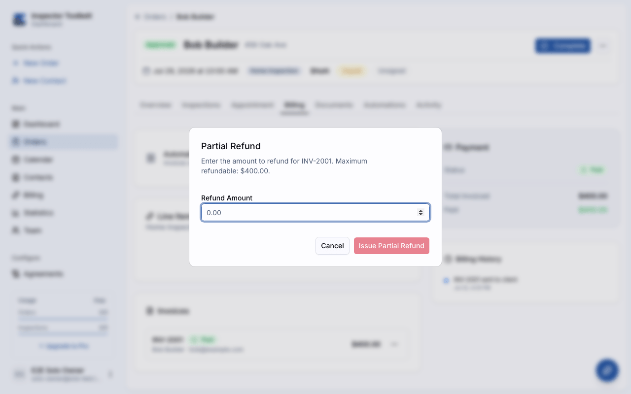 The Partial Refund dialog with the refund amount field