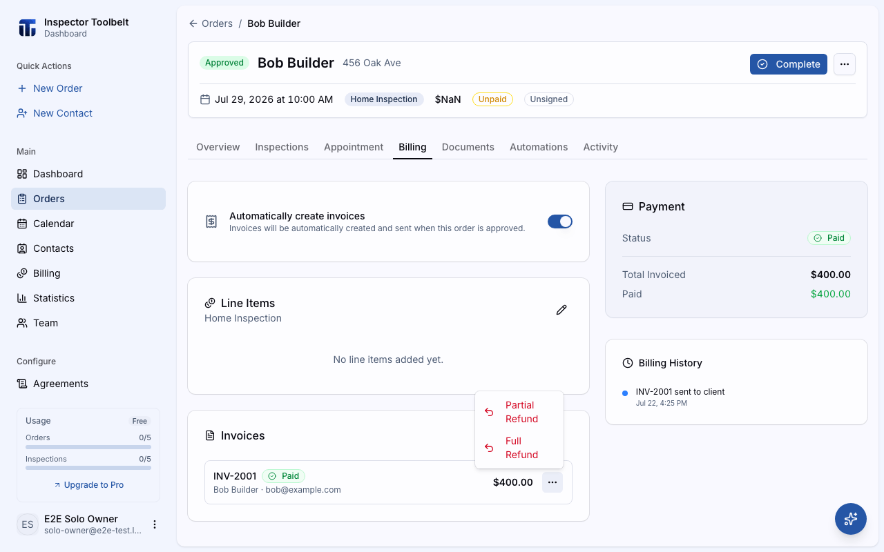 The invoice row menu open, showing the Full Refund and Partial Refund options