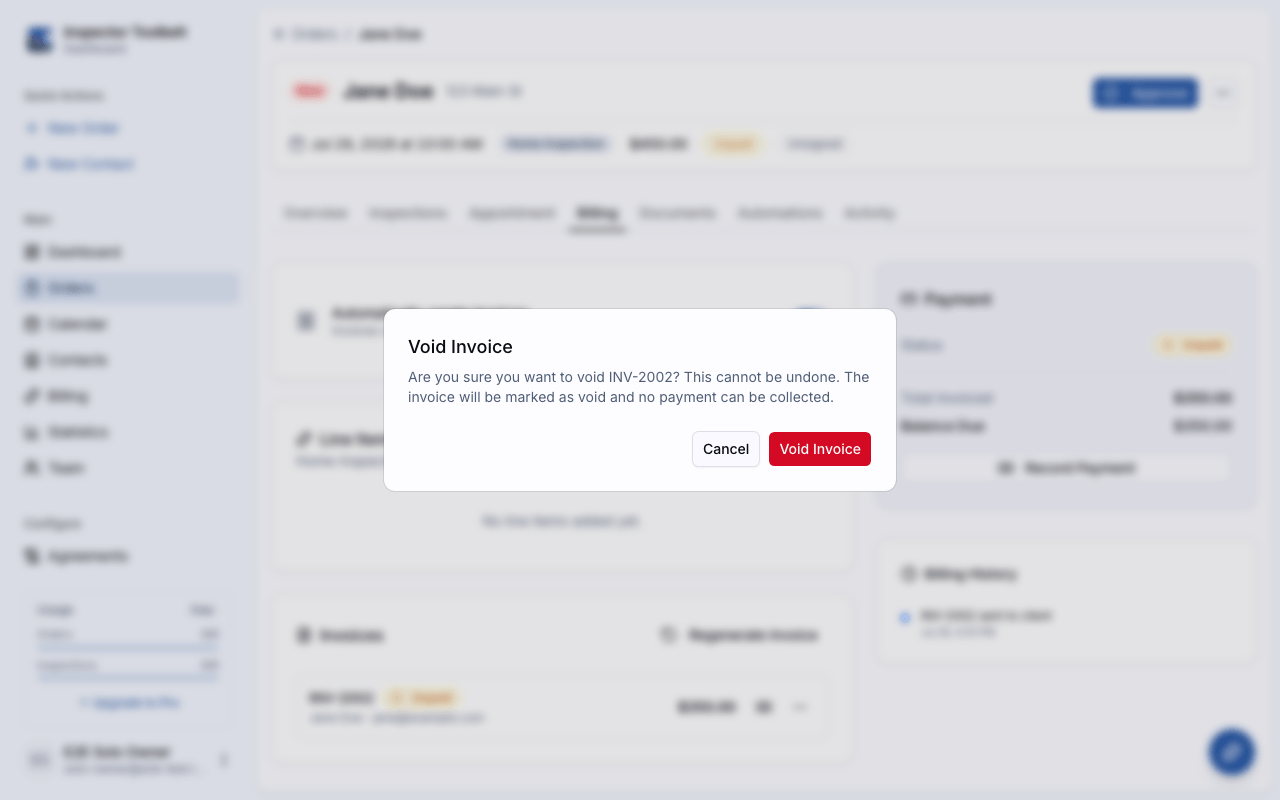 The Void Invoice confirmation dialog warning that the action cannot be undone