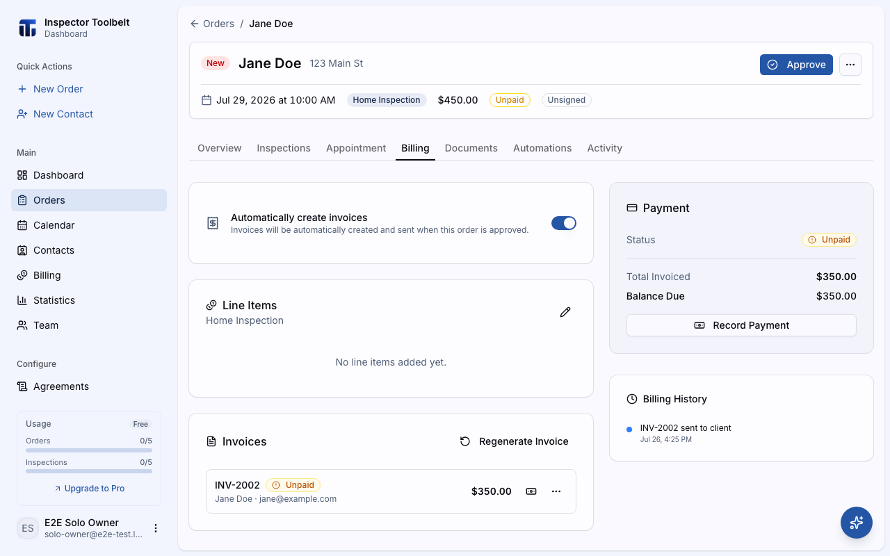 The Billing tab with the Record Payment button in the Payment card and the banknote icon on an unpaid invoice row