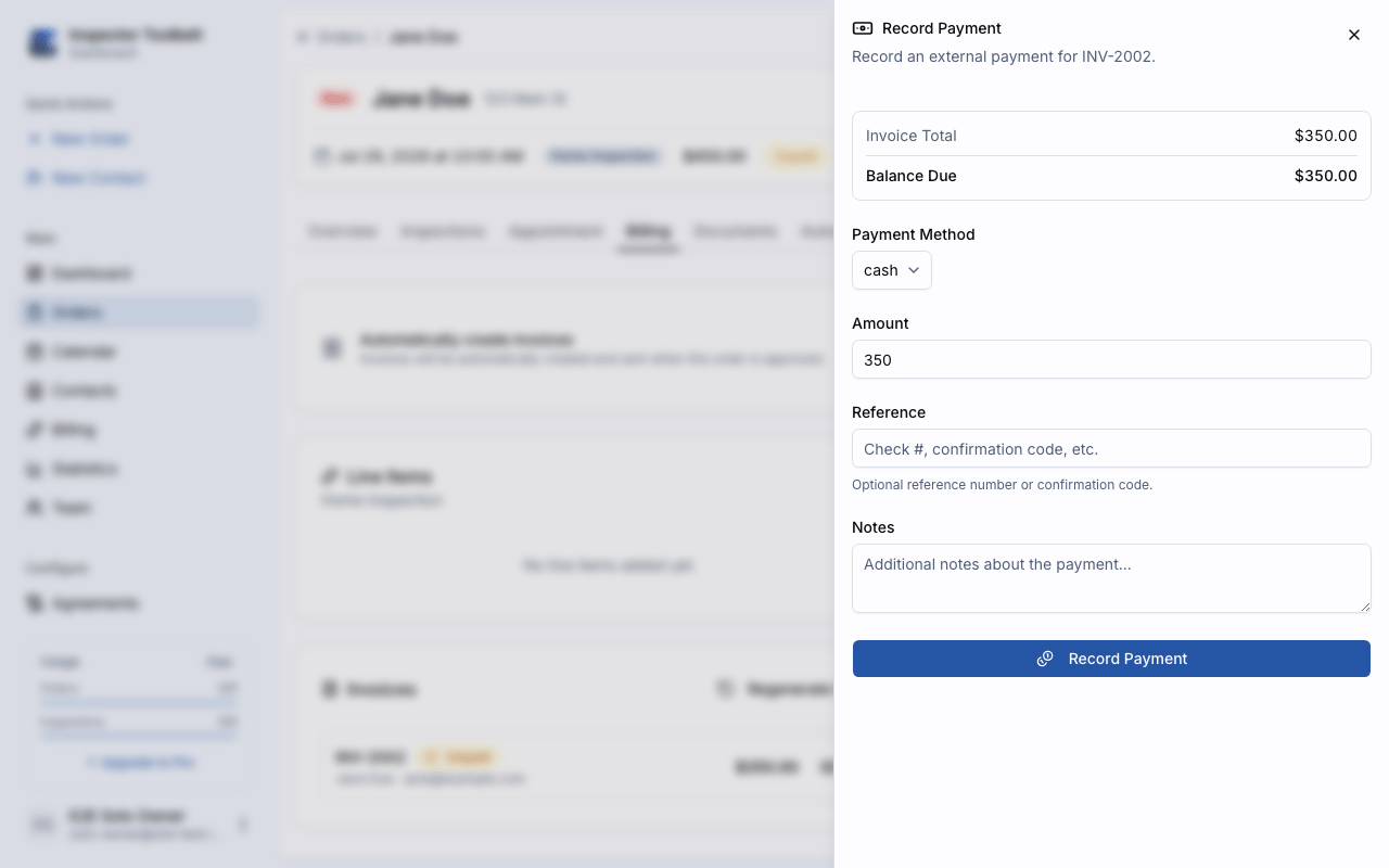 The Record Payment panel with payment method, amount, reference, and notes fields