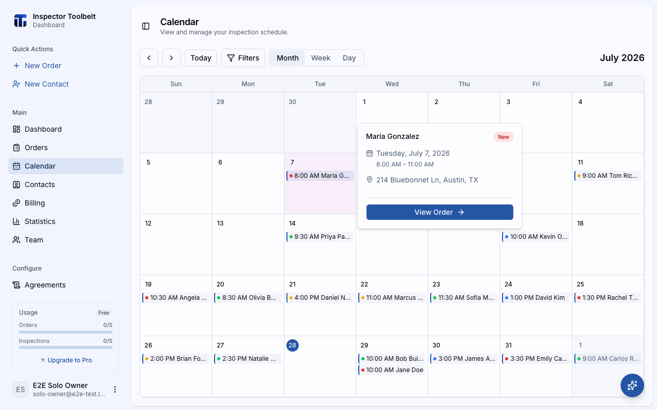 The event popover showing order details with a View Order button