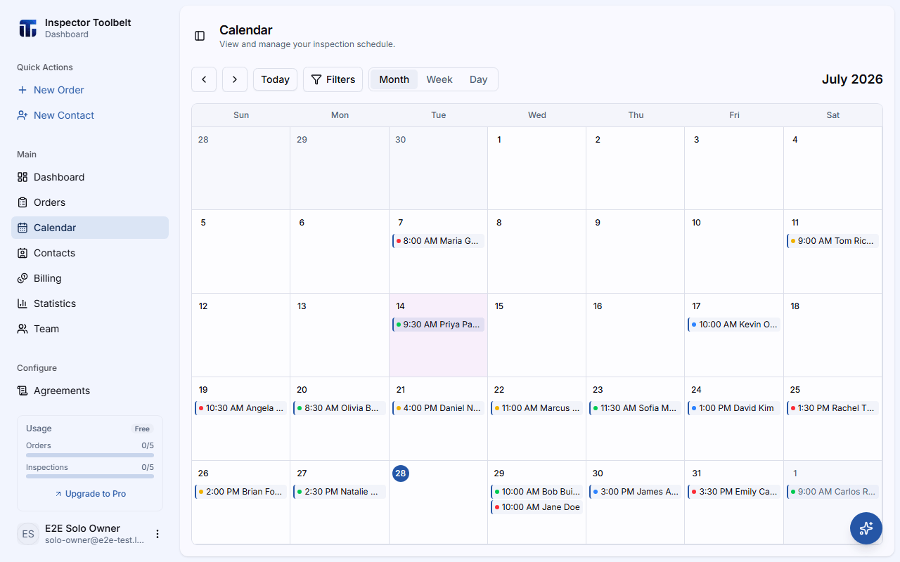 The calendar in month view showing scheduled orders
