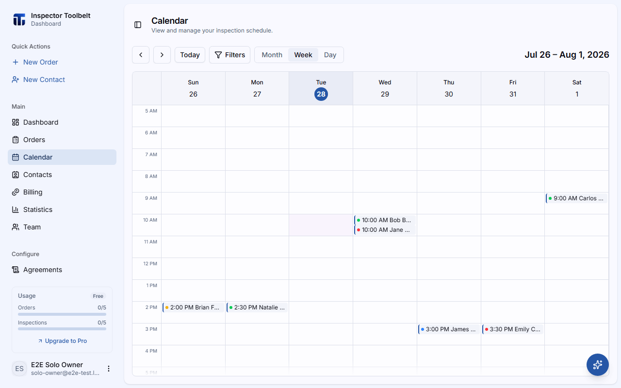 The calendar in week view showing the hourly time grid