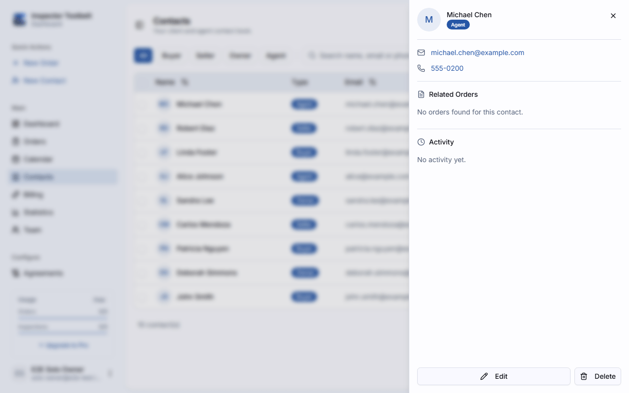 The contact detail panel with email, phone, related orders, activity timeline, and Edit and Delete actions