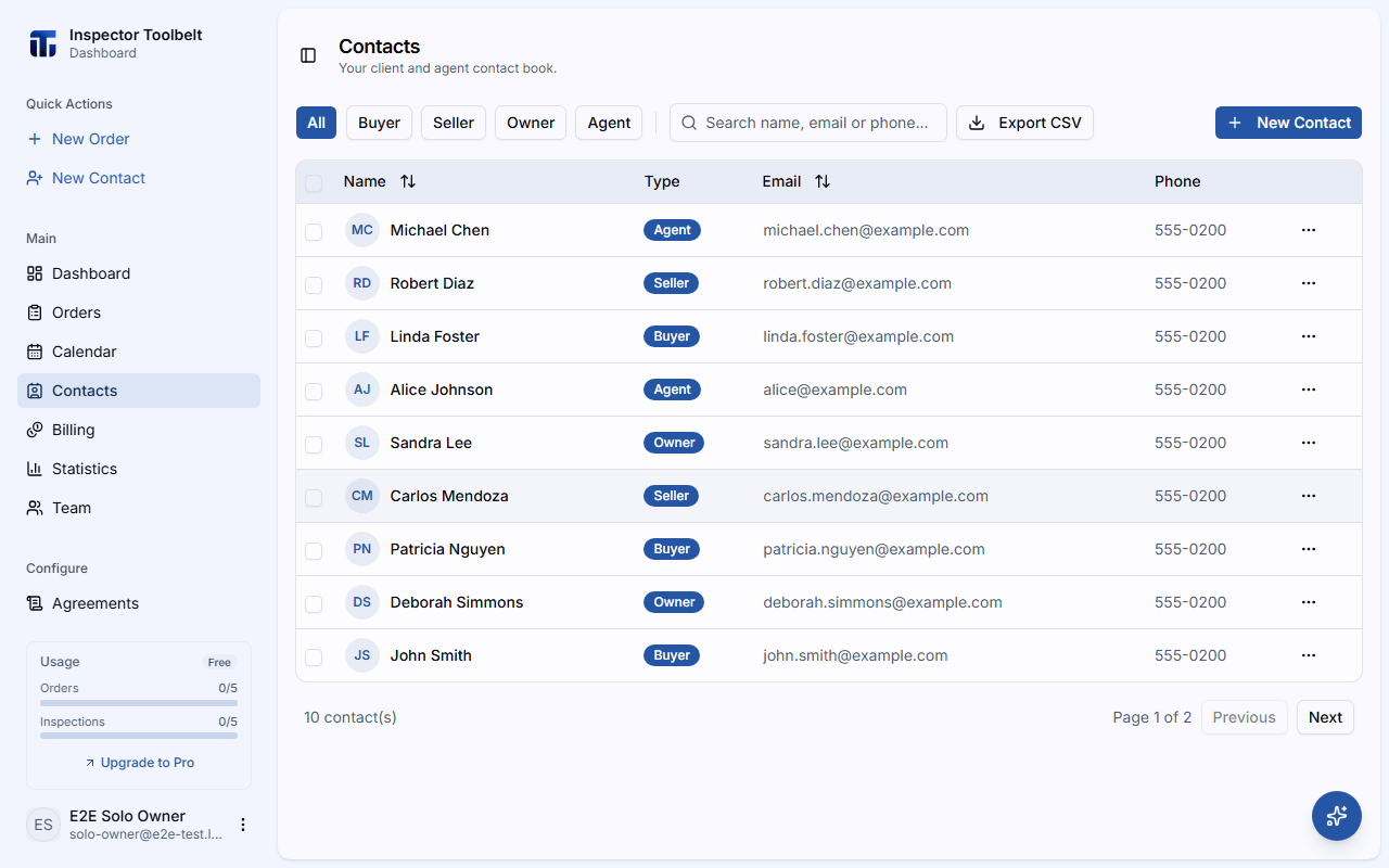 The contacts list with search and filter controls