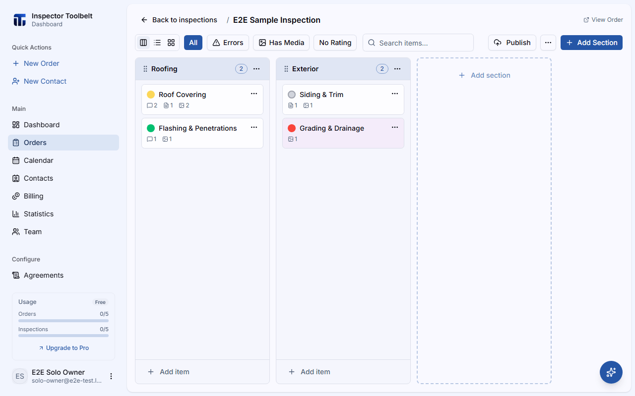 The inspection editor showing sections, items, and the item editor