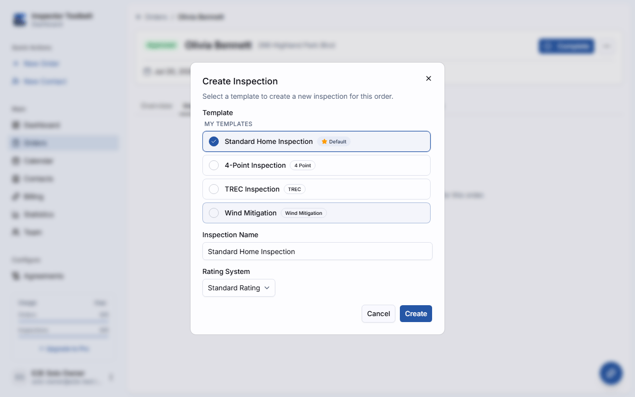 The New Inspection dialog with template and rating system selection