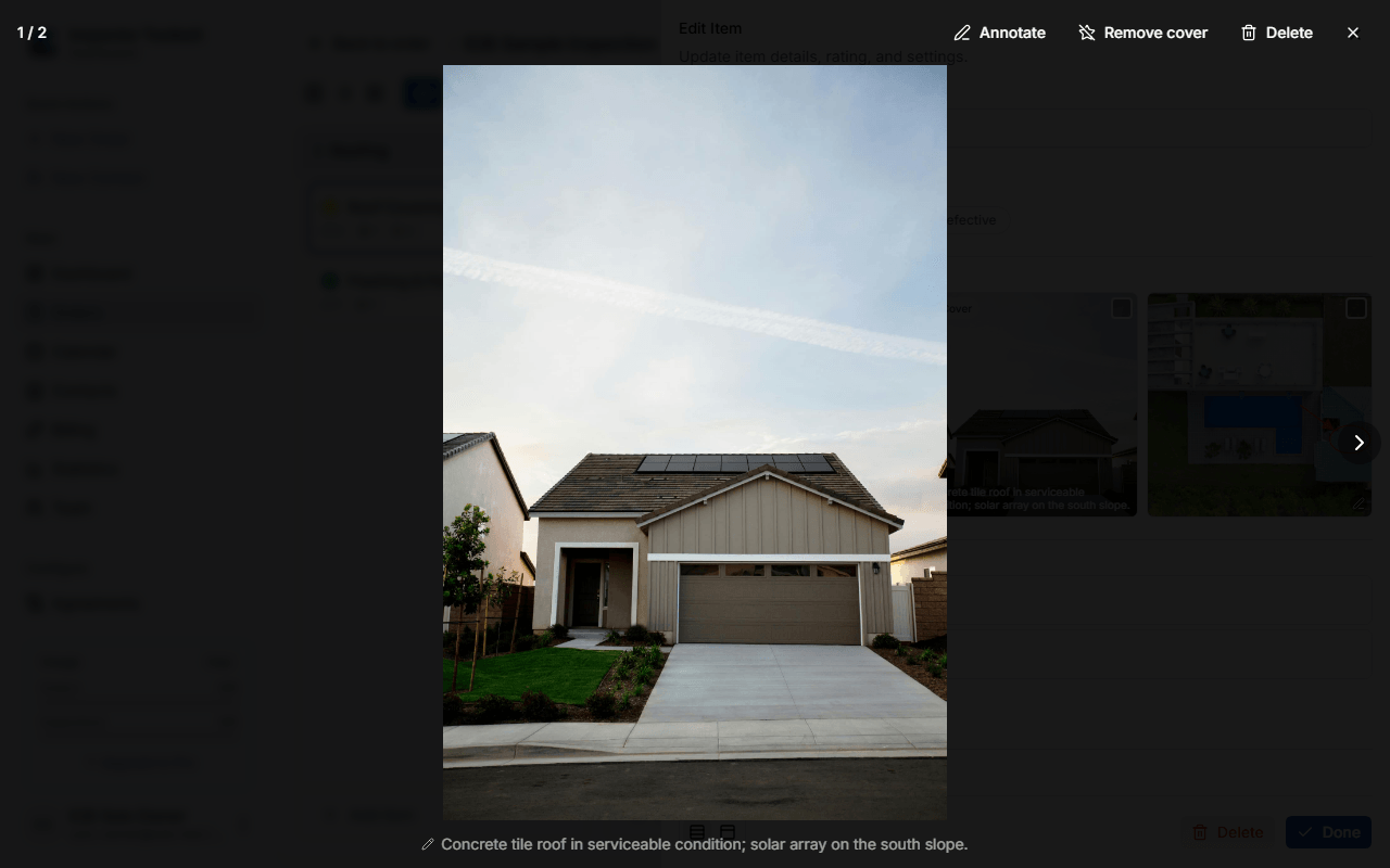 The photo lightbox open on a photo, with the caption field visible at the bottom