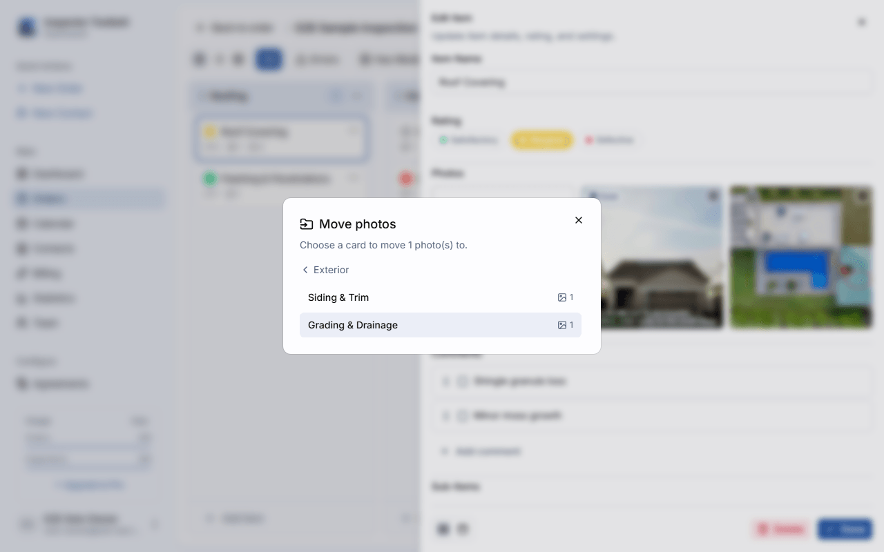 The Move/Copy destination picker showing a list of sections, one expanded to show its items