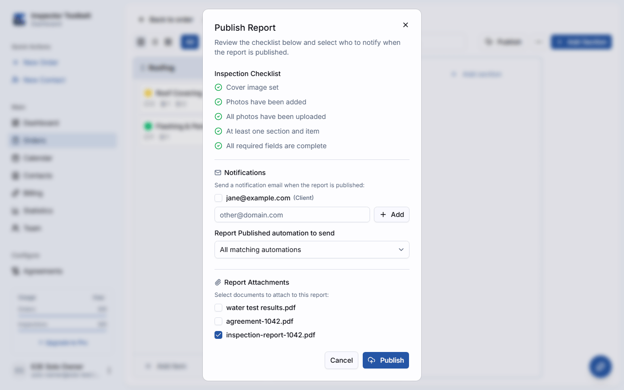 The publish checklist's Report Attachments section with a list of checkboxes