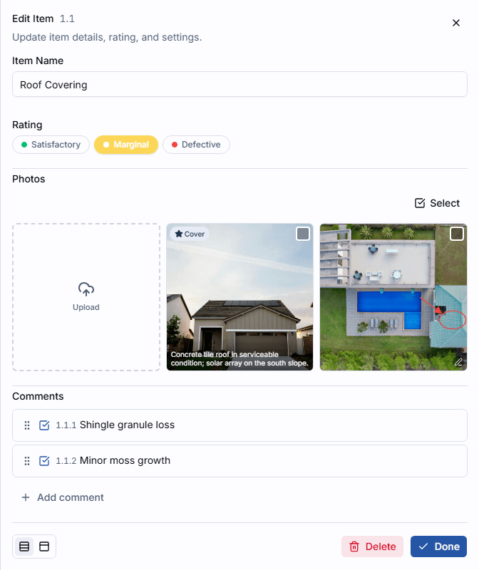 An item's Comments tab showing numbered comments 1.1.1 and 1.1.2