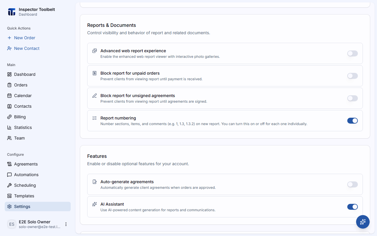 Settings → Preferences → Reports & Documents with the Report numbering toggle turned on