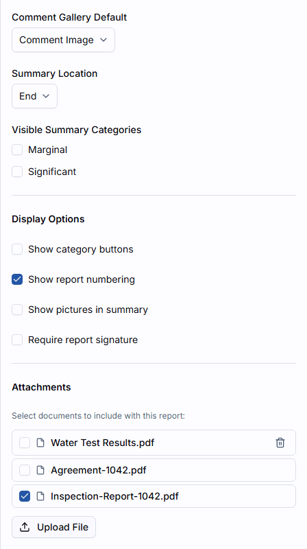 The inspection settings sheet with the Show report numbering checkbox under Display Options