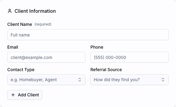 The client information section of the new order form