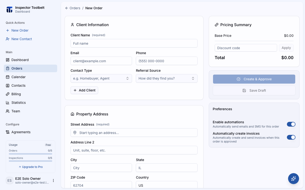 The new order creation form