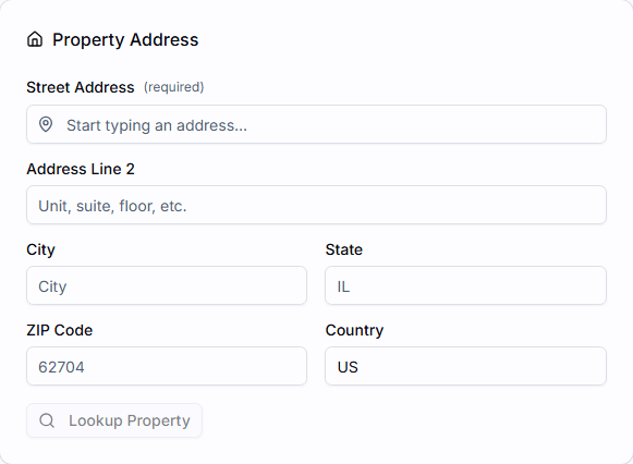 The property address section of the new order form