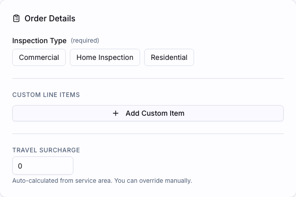 The service type section of the new order form