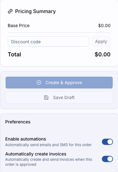 The sidebar with the pricing summary and the Create & Approve button