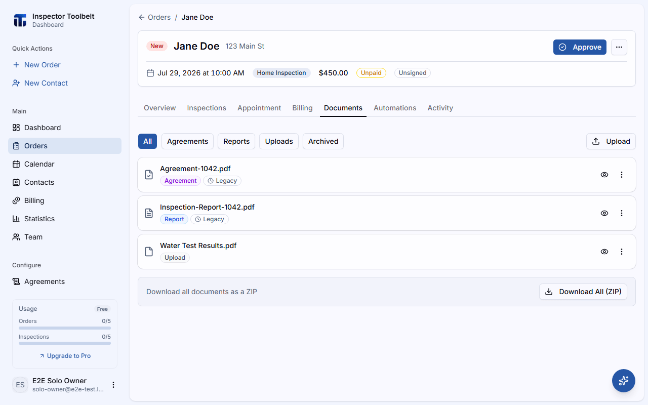The Documents tab showing a mix of agreement, invoice, report, and upload rows