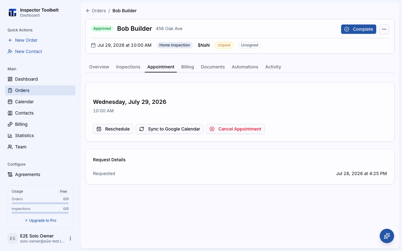 The Appointment tab on an order showing the scheduled date, time, and action buttons