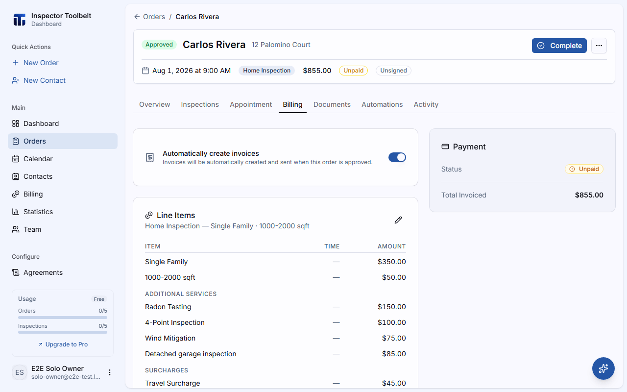 The Billing tab showing line items, invoices, and payment status