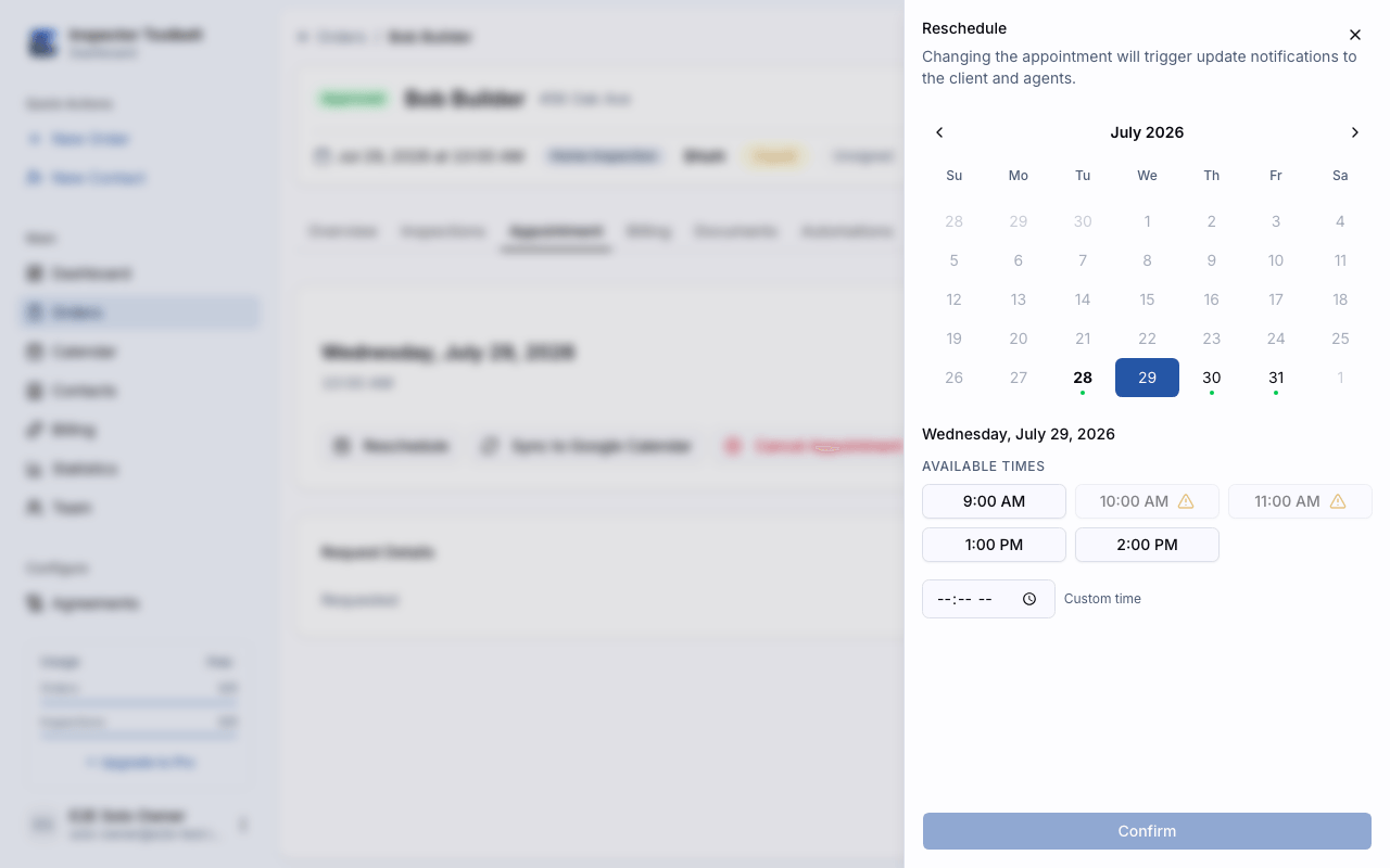 The time slot picker showing a calendar, available times, and a custom time option