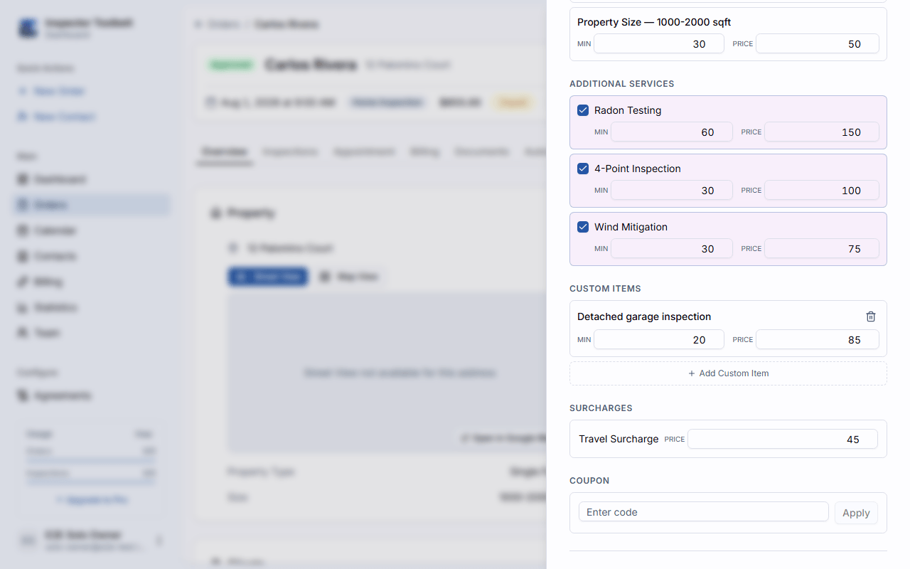 The add-on services, custom line item, and travel surcharge controls in the order form