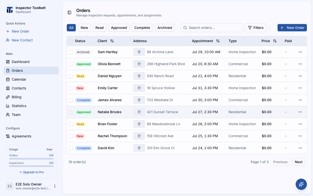 The orders list page showing active orders