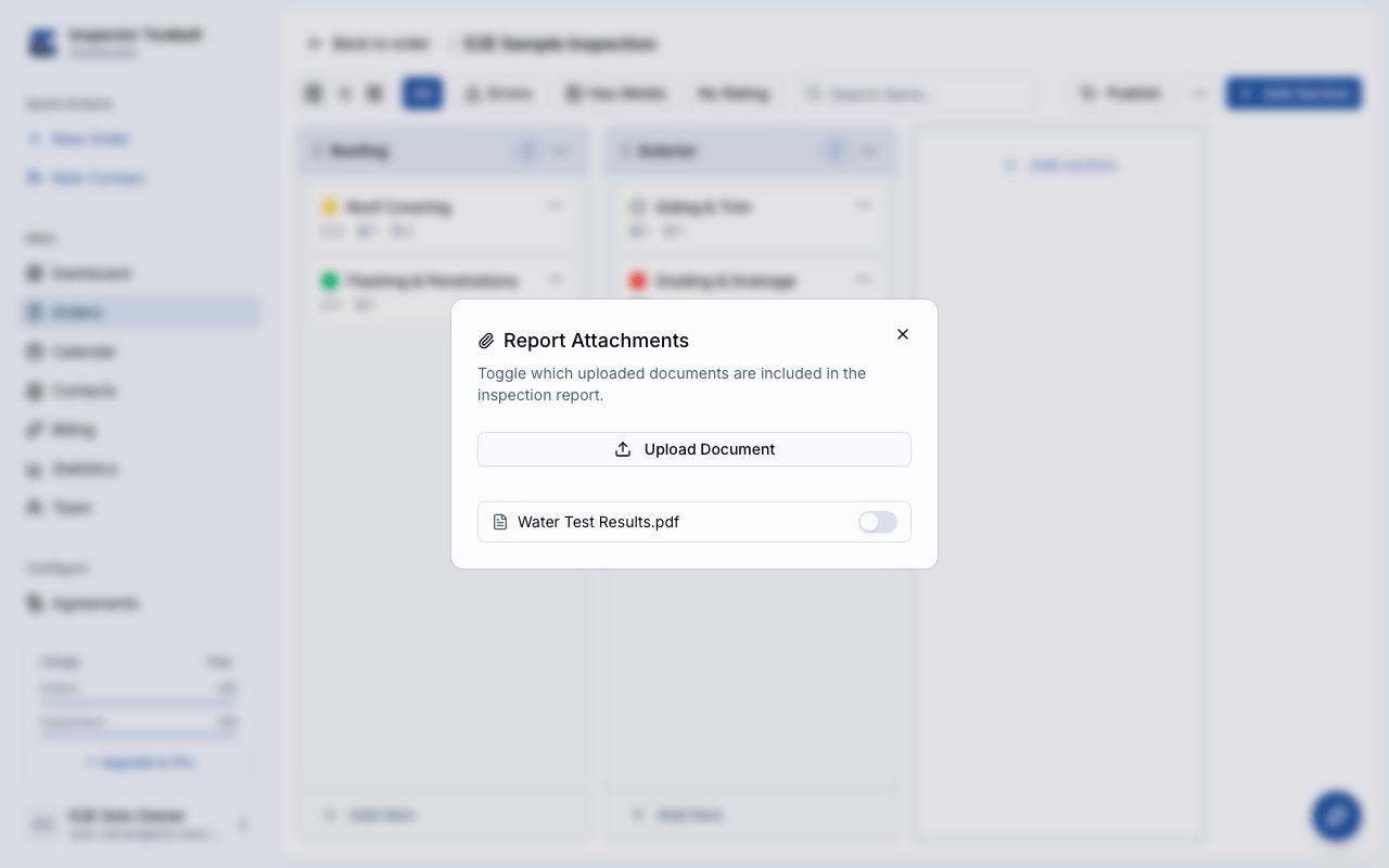 The Report Attachments dialog listing uploaded documents with toggle switches
