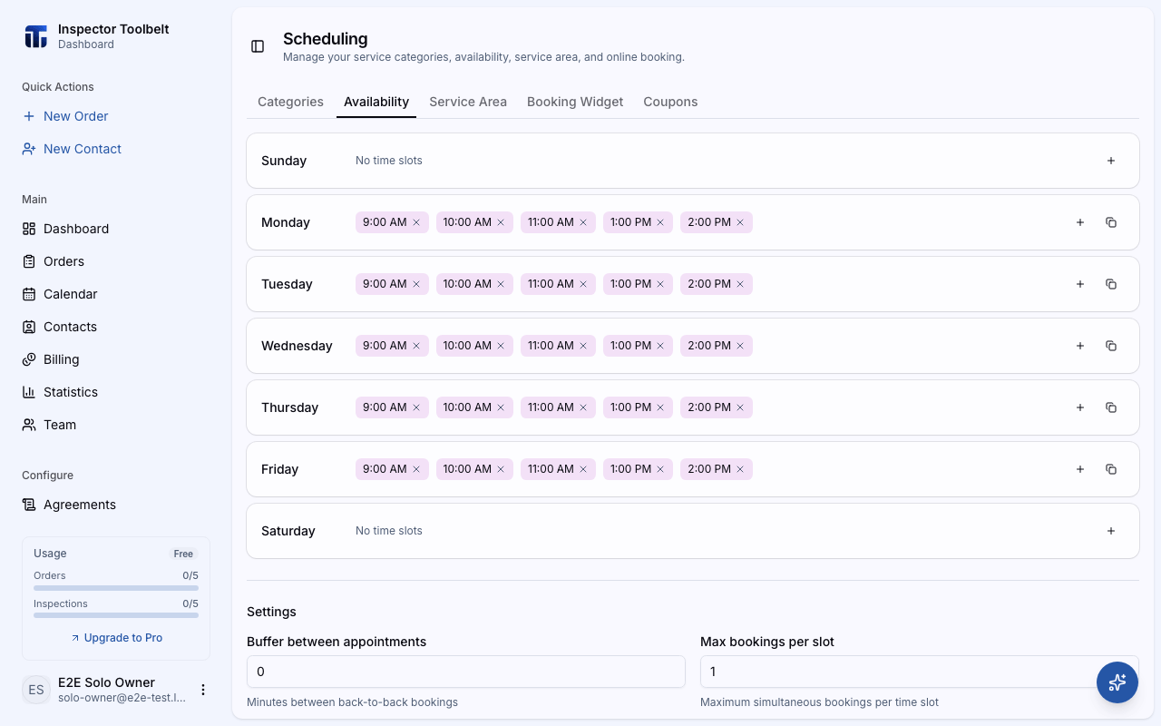 The availability page showing time slots for each day of the week