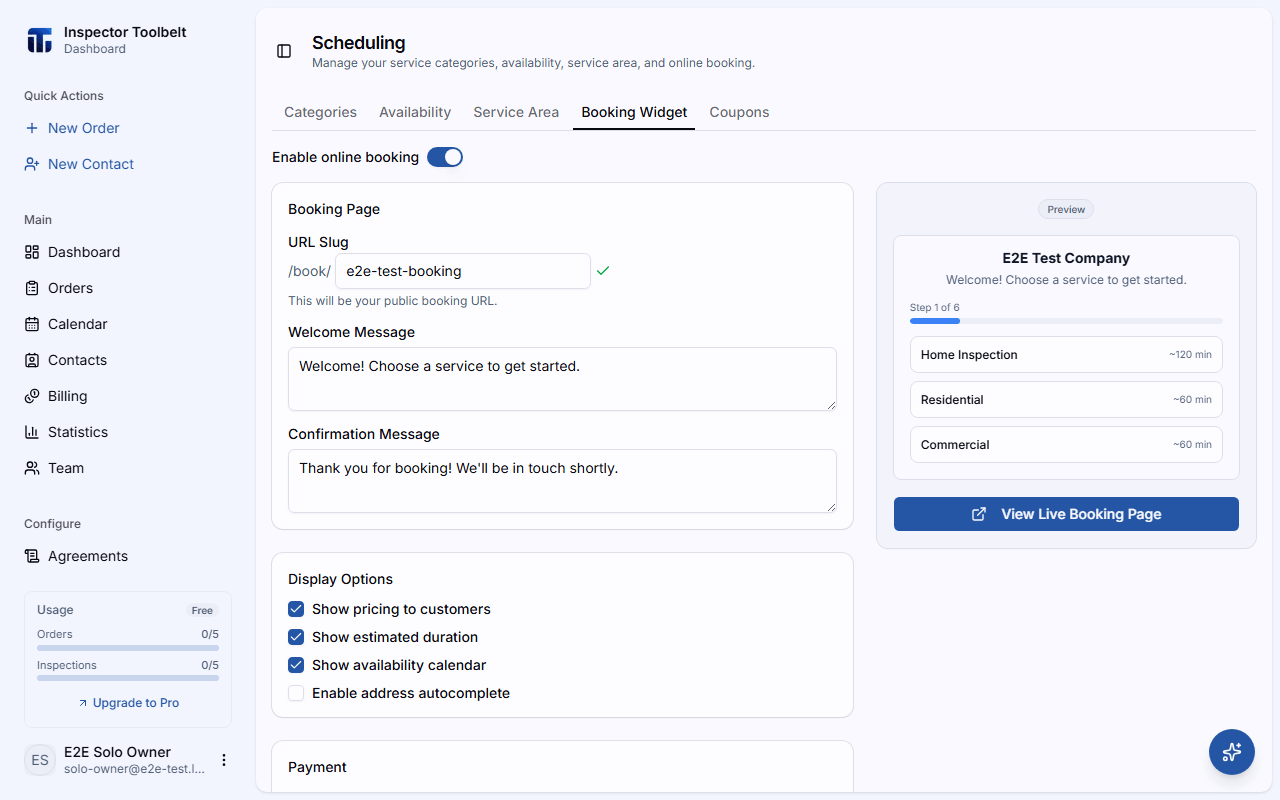 The booking widget configuration page with a live preview panel