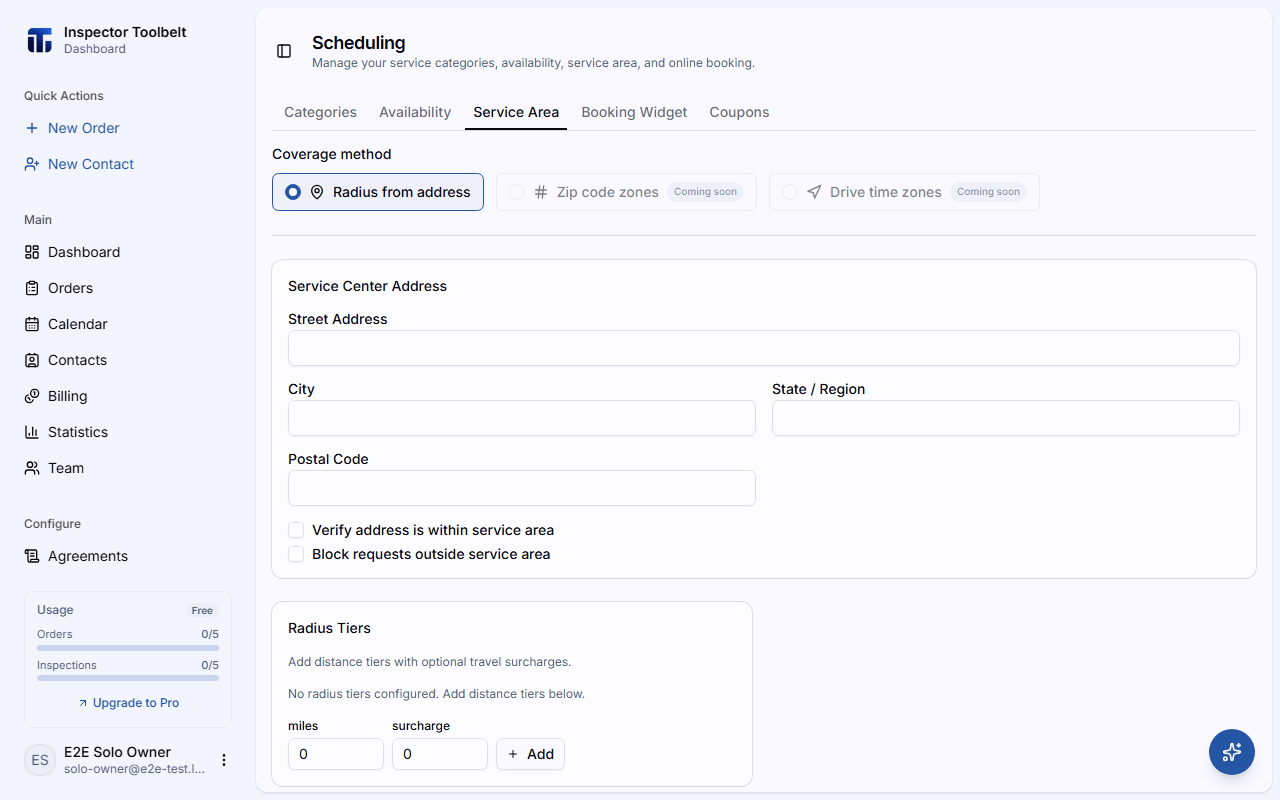 The service area page showing the coverage radius and travel surcharge tiers