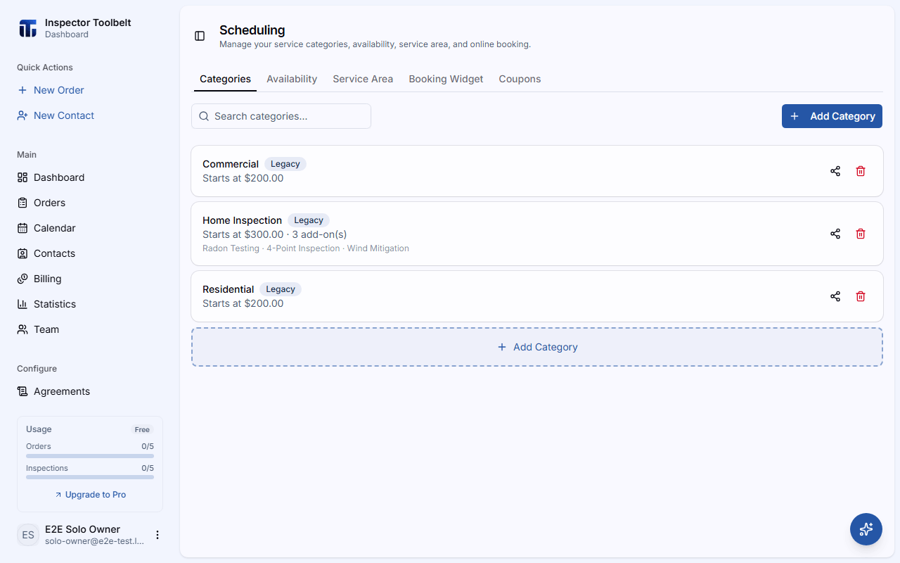 The scheduling page showing configured service categories