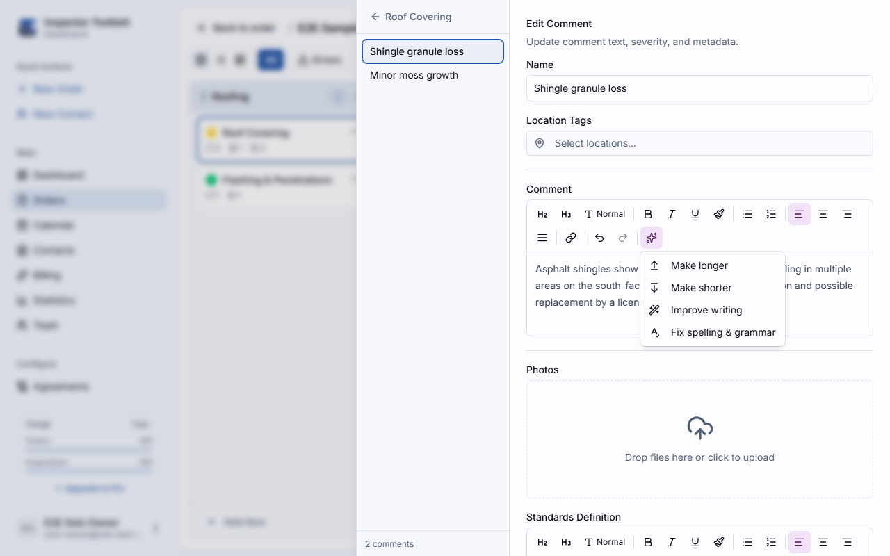 The comment editor toolbar with the AI edit menu open, showing Make longer, Make shorter, Improve writing, and Fix spelling options