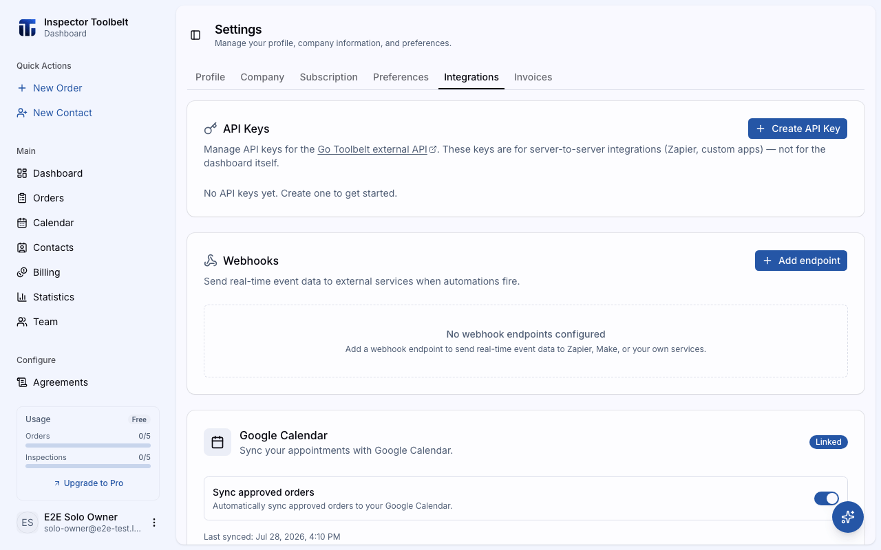 The API Keys card on the Integrations settings tab, with the Create API Key button