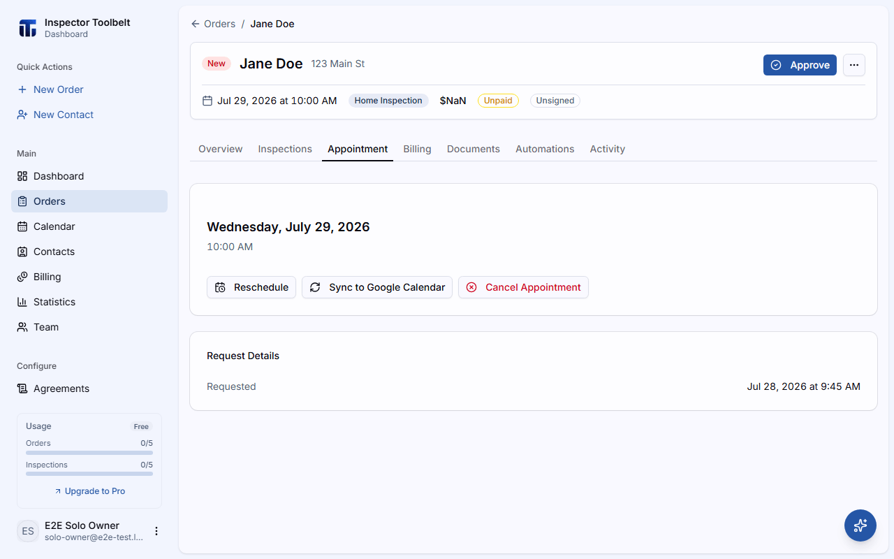 An order's Appointments tab showing the manual Sync to Google Calendar button