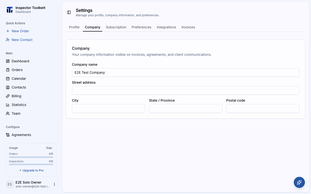 The Company settings tab with name and address fields