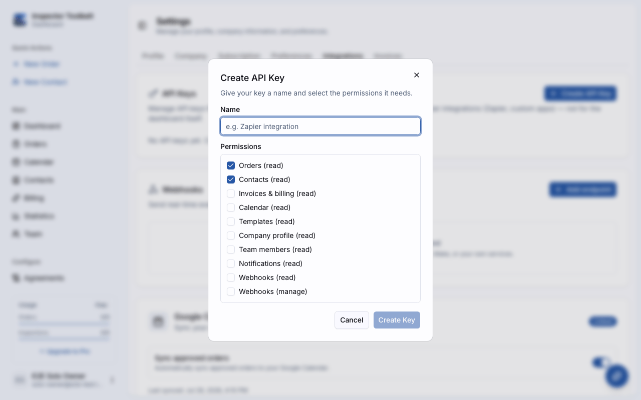 The Create API Key dialog with a name field and permission checkboxes